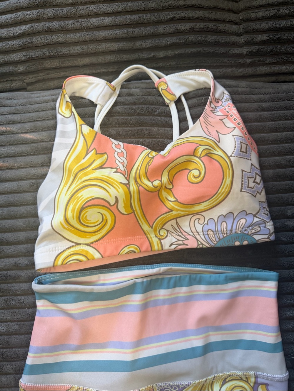 Onzie Pastel Stripe & Swirl Sports Bra - and pants Pink, Blue, Yellow, Purple
